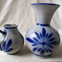 Vtg Handmade Salt Glazed Stoneware Vase & Pitcher (2 Items)