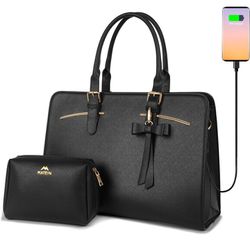 MATEIN Laptop Tote Bag for Women, Large Waterproof PU Leather Work Briefcase with USB Charging Port Casual Computer Shoulder Bag Messenger fits 15.6 
