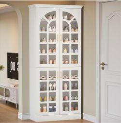 Tall White Shoe Cabinet with Glass Doors