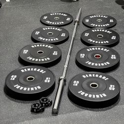 🔥BRAND NEW 230 POUND OLYMPIC BUMPER PLATE SET WITH CHROME CROSSFIT OLYMPIC BARBELL FREE DELIVERY🚚