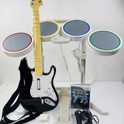 Nintendo Wii  Rock Band RockBand Bundle White Drums Fender Dongle Guitar Mic Game