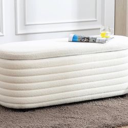 1887a  Storage Teddy Ottoman Bench Upholstered Fabric Storage Bench End of Bed Stool with Safety Hinge for Bedroom, Living Room, Entryway, Closet(45.5