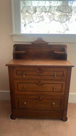 Antique Petite Oak Dresser with Backboard with Small Shelves