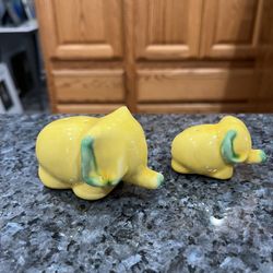 Vintage Ceramic Yellow and Green Elephants pair of Salt and Pepper Shakers.  Preowned No Stoppers 