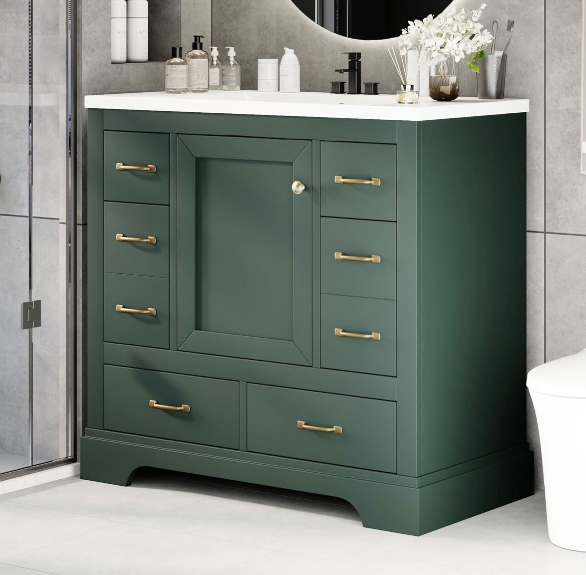 Assembled New Solid Wood Frame 36" Vanity Bathroom Cabinet with Sink Top, Six Multi-Functional Drawers, Adjustable Shelf