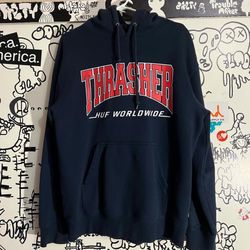 THRASHER x HUF Collab Navy/Red Medium Hoodie