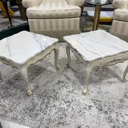 French Louis XV Style Vintage Pair Marble Top Low End Tables