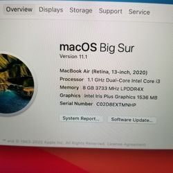 2020 Apple MacBook Air Apple Warranty thru 10/17/21 only 6 battery cycles 8GB RAM 256GB SSD Big Sur