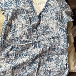 Blue And White Flowered Small Healing Hand, Scrub Top