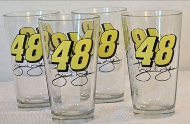 4pk Jimmie Johnson #48 Yellow NASCAR Autograph 16oz Collectible Beer Pint Glasses