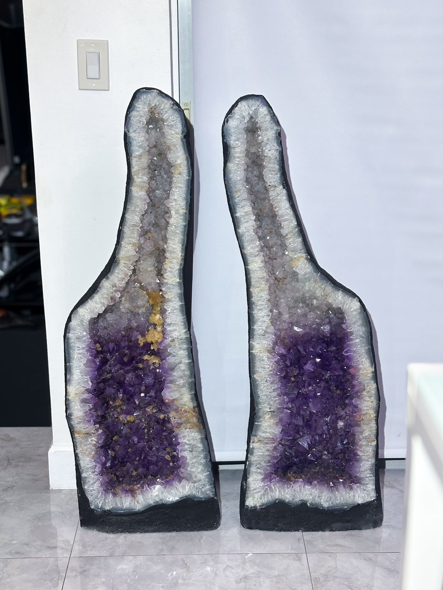 2 Massive Amethyst Cathedral Crystal Quartz Twins Ombre Orange Calcite From Brazil
