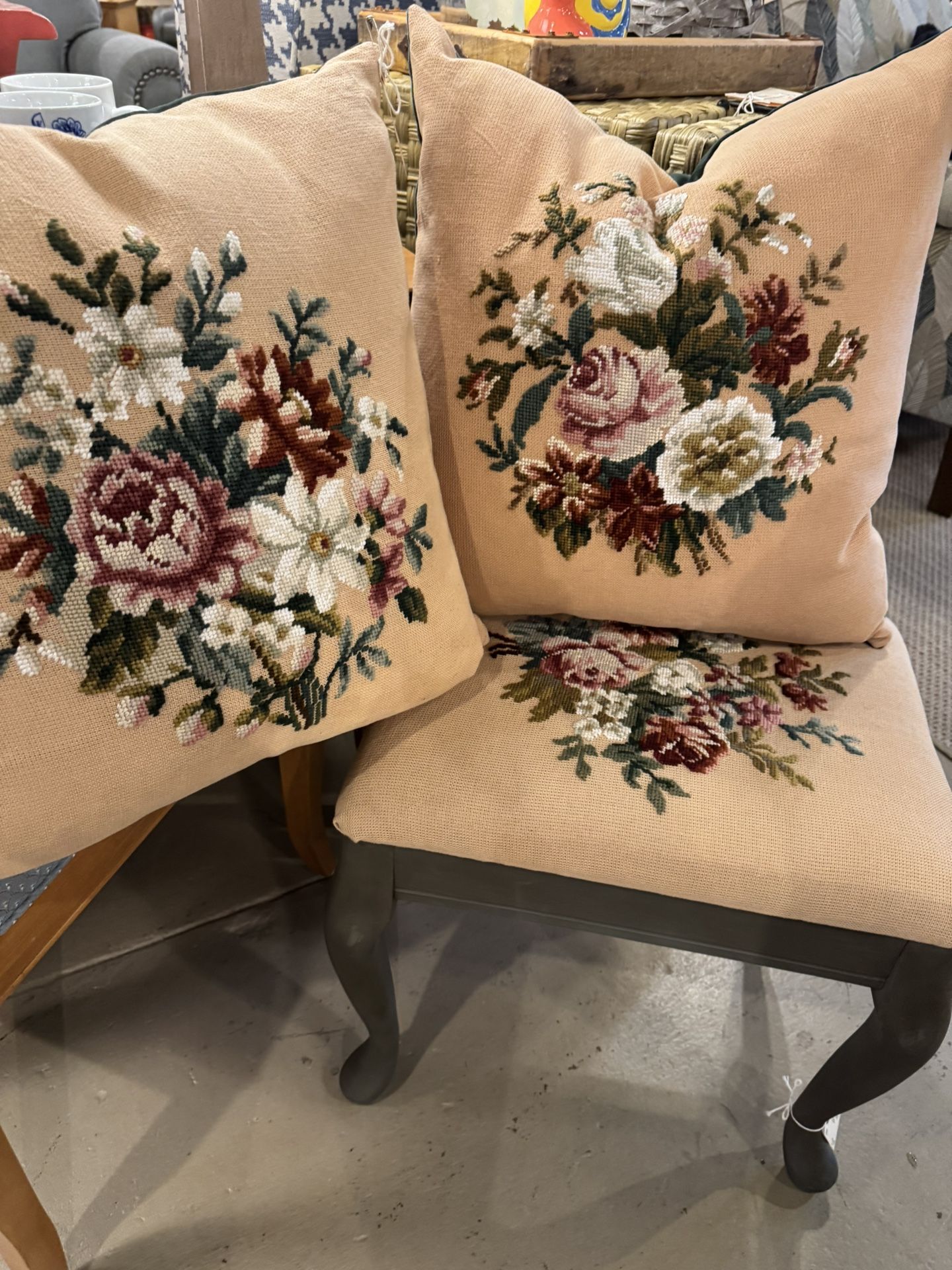 2 Needlepoint Pillows And 1 Matching Stool