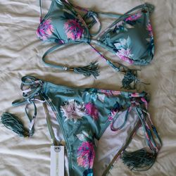 Women’s turquoise & Pink Floral   Bikini Set Side Tassels Tie, Bikini Bottom New with tags
