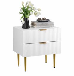White Nightstand, Mid Century Modern Night Stand with 2 Wave Fluted Panel Drawers, Bedside Table with Gold Metal Legs, Bedroom Set Wide Tabletop Bed S