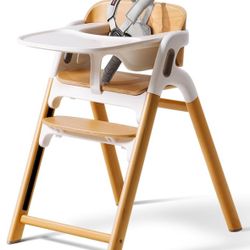 Momcozy DinerPal Wooden High Chair for Babies, Toddlers & Adults Up to 308 Lbs, Convertible Baby Highchair with Food-Grade Tray, Dishwasher-Safe, Adju