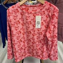 Cherry Bow Cozy Fleece Top – Blush Pink Pajama Top 