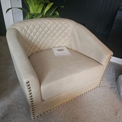 2 Set Tufted PU Vegan Leather Swivel Barrel Chair with Nailheads Trim