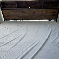 Alohappy Queen Bed Frame with 4 Storage Drawers and Bookcase Headboard, LED Bed Frame with Outlets and USB Ports, Metal Platform Bed Queen Size, No Bo