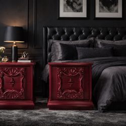 🔥 Statement Garnet Red Nightstands – Ornate Vintage Style – Solid Wood – Set of 2 🔥