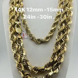 14K Gold 12mm -15mm diamond cut rope chain. brand new.