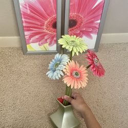 Flower Pictures In Glass Frames And Flowers In Vase