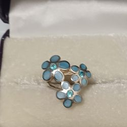 Vintage Sterling Silver Enamel Aquamarine Gems Flower Ring 