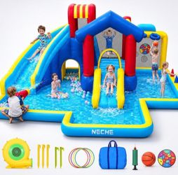 Neche Inflatable Water Slide with 550W Blower, Bounce House with Dual Slides, Splash Pool, Backyard Water Park for Kids Ages 3-8