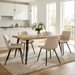 Homy Casa Lancelot 5PC Dining Set 63" Walnut Wood Tone Dining Table Set with 4 Casemiro Cream Beige Fabric Chairs