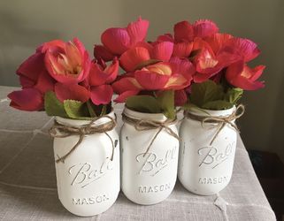 Distressed mason jar vases with silk flowers $13 for all 3