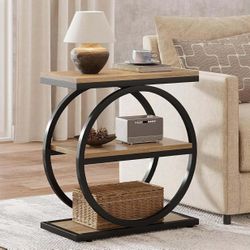 Side End Table with 3 Storage Shelves, Industrial Sofa Table with Round Metal Frame, Oak