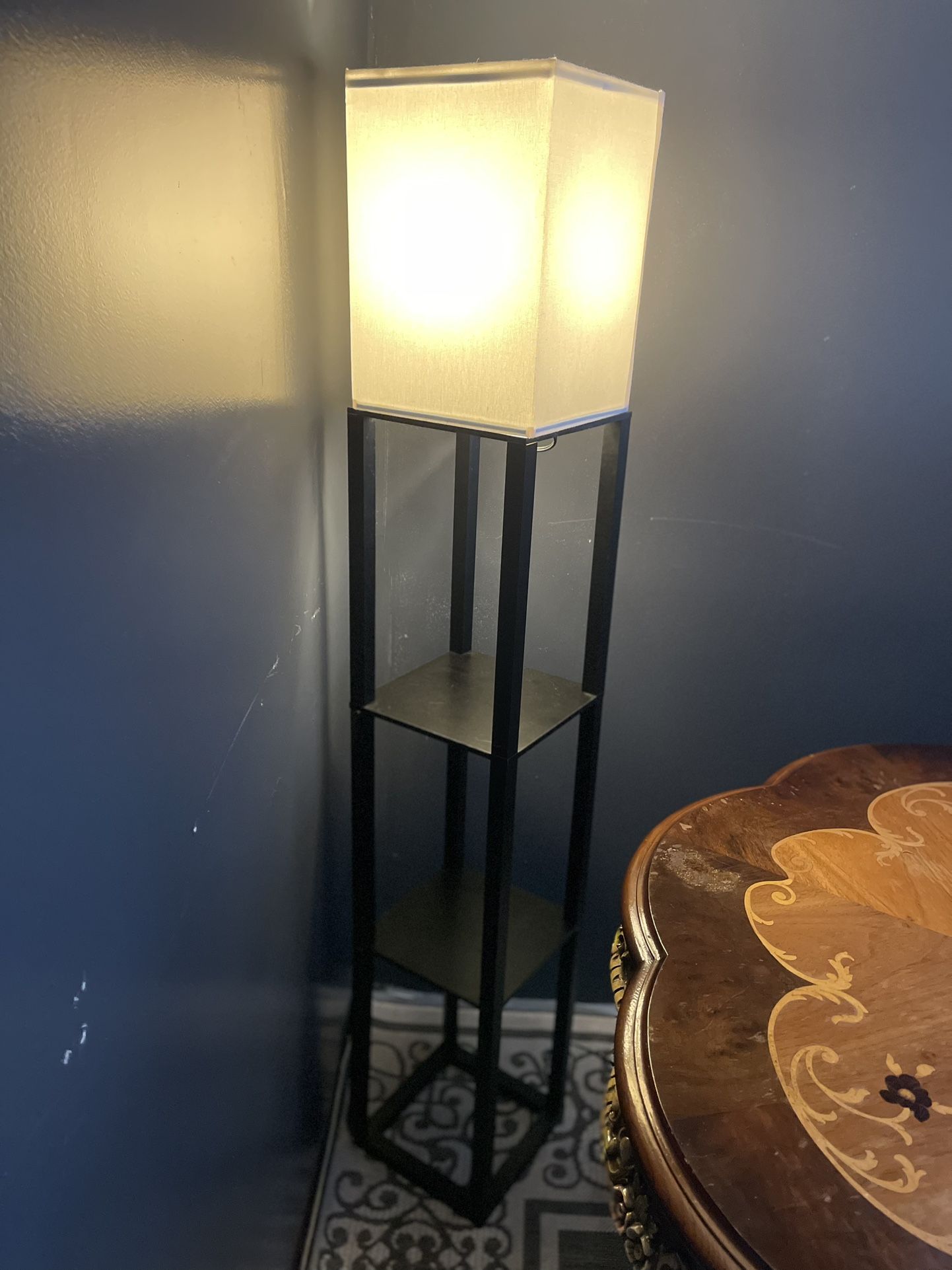 LAMP Black w/ white lampshade, $30 19082/19151 2 shelves, led light, color changing light w/ remote