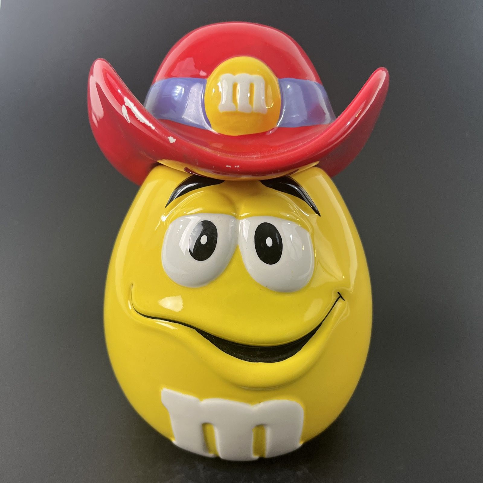 Vintage Galerie Yellow Peanut M&M Ceramic Candy Cookie Jar W/Cowboy Hat **READ** Had does have flaw, paint chipping and there is a crack. Selling a