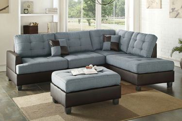3 pieces sectional sofa reversible linen fabric material grey 104x75 with ottoman included