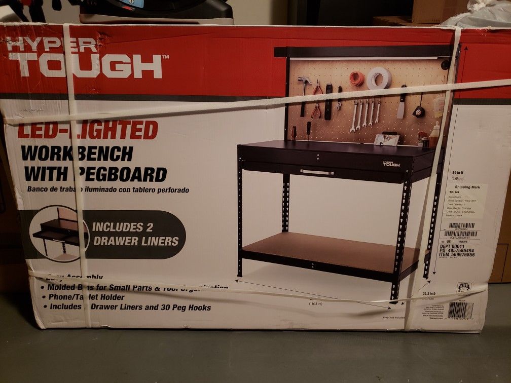 Hyper tough led lighted workbench with pegboard