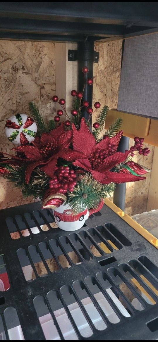 Large Christmas Poinsettia/Truck Artificial Floral Arrangement