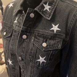 Womens Star Embroidery Black Denim Jacket 