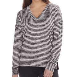 Kirkland Signature Women's Striped V-Neck Top Large Black White Long Sleeve Soft