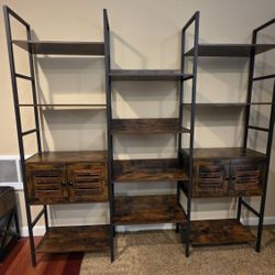Rustic Industrial Bookshelf with 2 Louvered Doors 5 Tiers Triple Wide Display