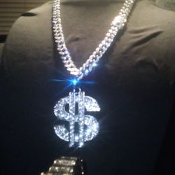 Big Money Medallion Pendant Black Titanium Set With Long 26" Lab Silver Ice