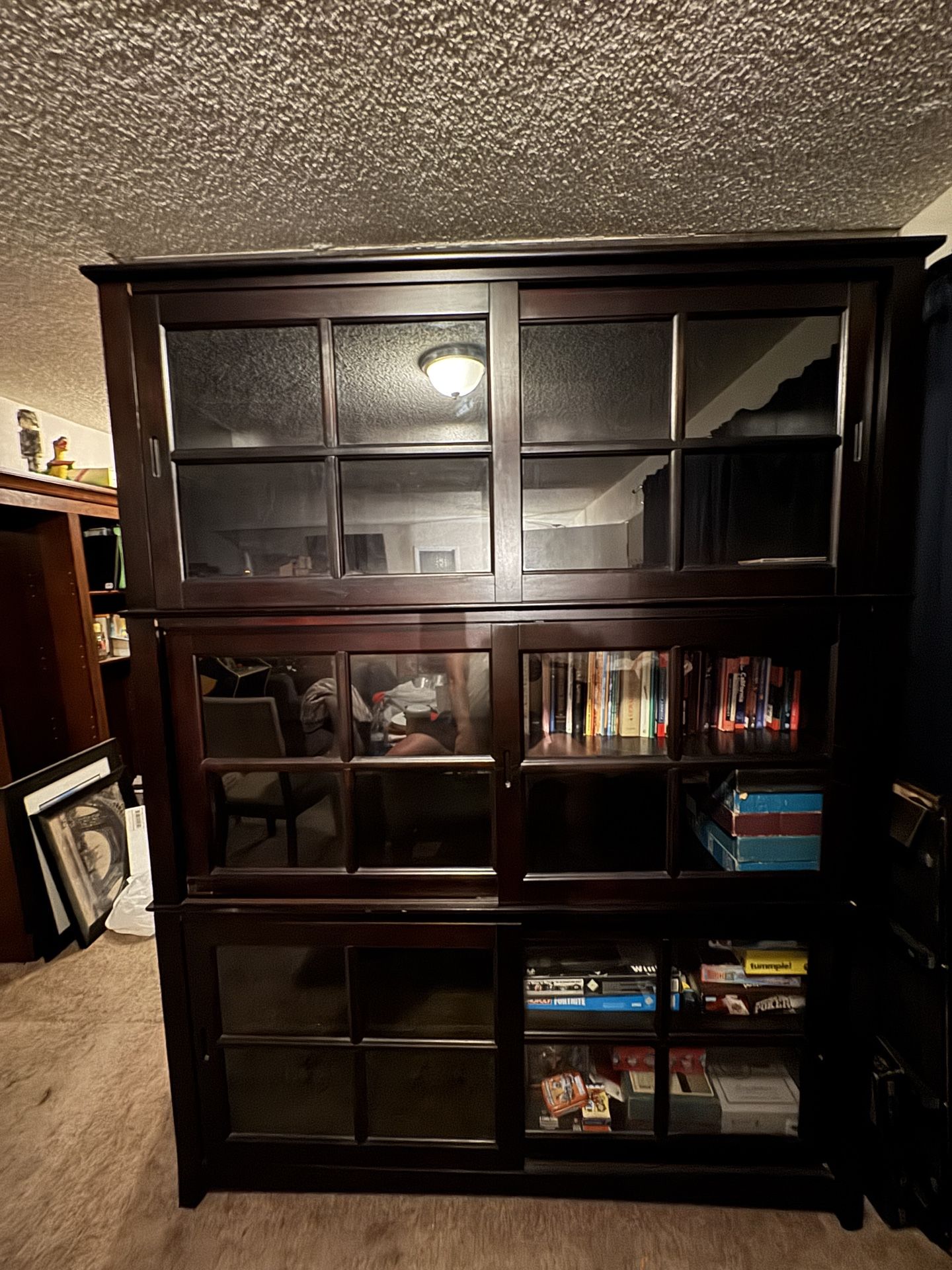 3 Tier Bookcase with Glass Sliding Doors