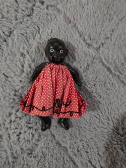 Vintage Black Bisque Doll Red Polka Dot Dress