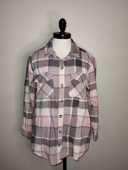 Beach Lunch Lounge Collection Juniors Pink Gray White Button Oversized Flannel Size Small