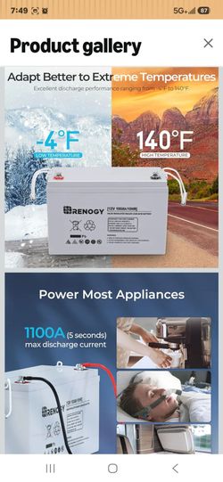 Renogy 12 Volt 100Ah Deep Cycle AGM Battery, Lead Acid Solar Battery
3% Self-Discharge Rate, 1100A Max Discharge Current, Safe for RV, Camper, Cabin,
