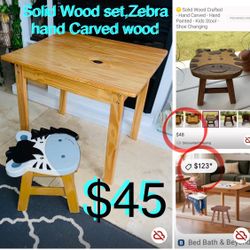 $45 Solid Wood Set Table & Hand Carved Wooden Stool in great condition table size 24”x21”x20”