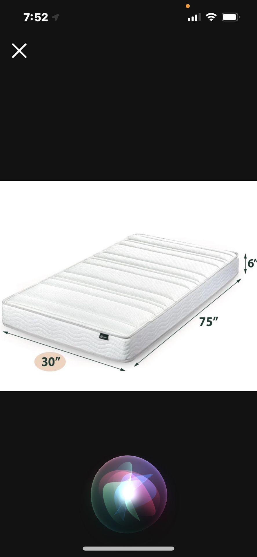 ZINUS 6” NARROW TWIN SPRING MATTRESS - NEW IN PLASTIC- 75 x 30 x 6”