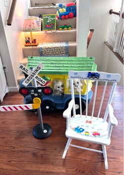 Huge Lot of Train Kids Room Decor, Wall Art, Rocking Chair, Toys, Whistle, Hat, Large Toy Box, Lamp & more! ($125 for all)