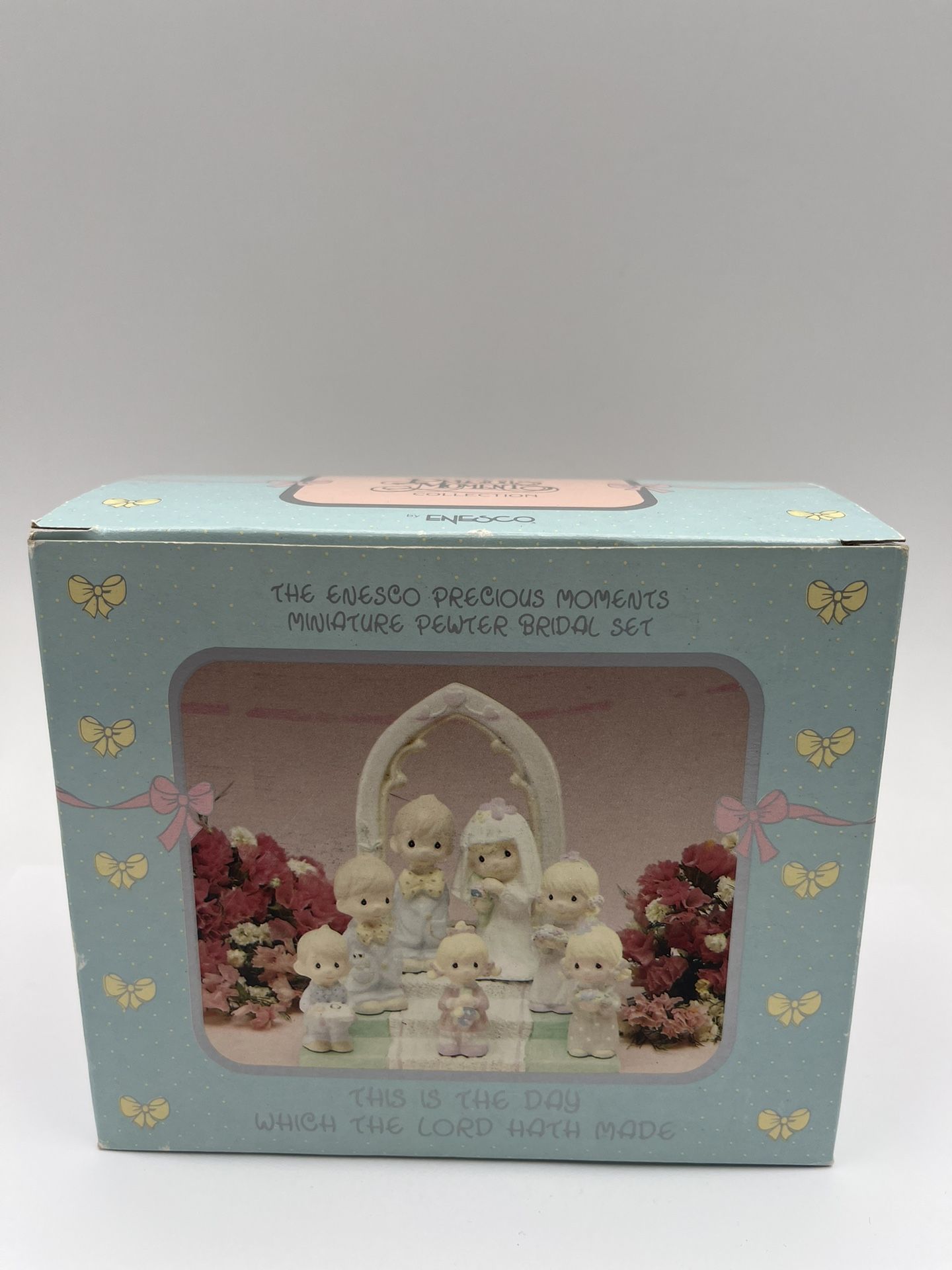 The Enesco Precious Moments Miniature Pewter Bridal Set. (8 Pieces). Bride & Groom: 1.75” Heigh