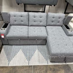 Gian Maria Pull-Out Sleeper Sectional w Cup Holders, Gray
