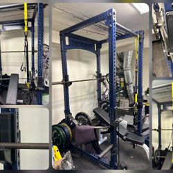 ROGUE FITNESS HOME GYM - RM4 Monster Squat Rack w Extras Weight Set Fleck Bumper Plates Bench Rubber Dumbbells Barbells Curl Bar Bumpers Weights