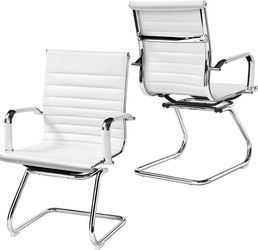 Faux Leather Office Reception Chair Without Wheels Mid Back Ergonomic Guest Chairs for Conference Reception Room Waiting Room, Set of 2 White